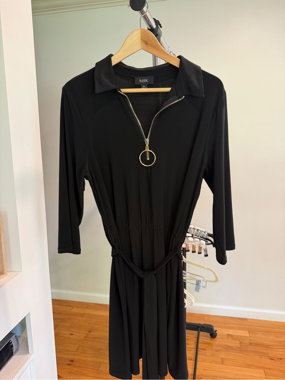 MSK Black Long-Sleeve Zip-Front Collared Dress with Waist Tie